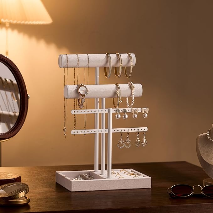 bussdis 3 Tier Bracelet Holder Display - Detachable T Bar Pure White Velvet Bracelet Holder, Jewelry Holder Organizer for Bracelet, Necklace, Earrings, Rings