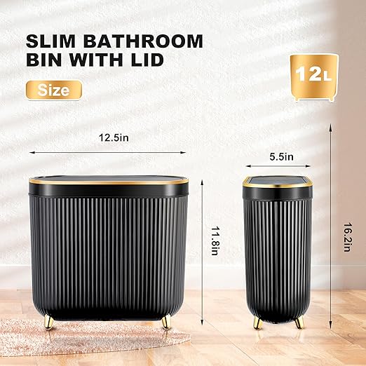 Supteron Bathroom Trash Can with Lid 3.1 Gallon Narrow Trash Can Small Plastic Trash Bin 12 Liter Rectangular Plastic Garbage Can with Press Type Lid for Bedroom Bathroom