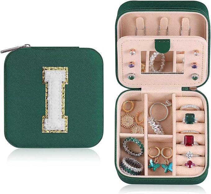 ETHOON Jewelry Travel Case Small Organizer Stocking Box Personalized Gifts Teenage Jewelry Accessories Holiday Christmas Gift for Women Green, Letter I