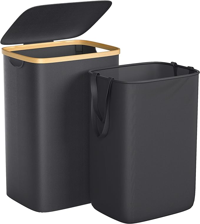 Foluck Large Laundry Hamper, 75L Waterproof Laundry Basket with Lid and Removable Bag, Collapsible Tall Clothes Hamper with Bamboo Handles for Clothes Toys in Dorm Bedroom Bathroom, Black