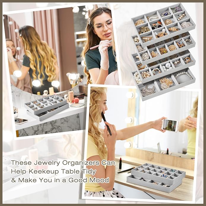 Junkin 12 Pcs Jewelry Tray Velvet Stackable Jewelry Organizer Trays Divided Earring Accessories Storage Containers Box (Rose Red)