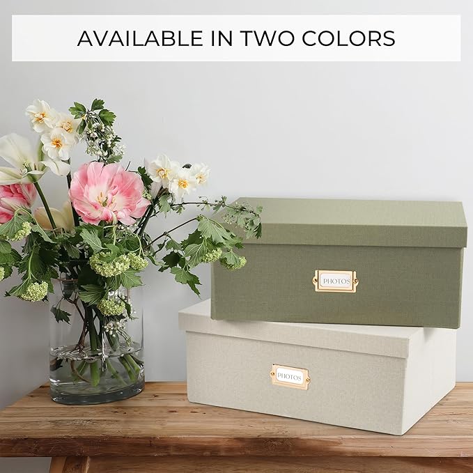 ZICOTO Decorative Photo Storage Box - Sturdy Linen Photo Organizer with Dividers is Perfect to Store Up to 1700 Pictures and 5x7 Photos - Portable Scrapbook Storage Containers with Lid