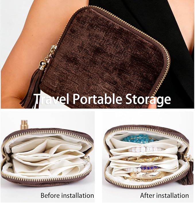 ASINGYER Travel Jewelry Storage Bag for Women, Velvet Portable Jewelry Organizer with Tassel Zipper, Small Pouches for Bracelets Necklaces Rings Earrings, Wedding Gift for Women (coffee brown)
