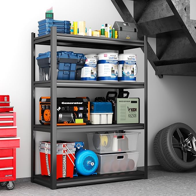 4-Tier Garage Shelving, Metal Storage Shelf, 2-in-1 Adjustable 3020 lbs Heavy Duty Shelves Unit , Upgraded Reinforced Double-Layer Columns for Garage Basement Kitchen Black (54×16×10in-4 Tier)