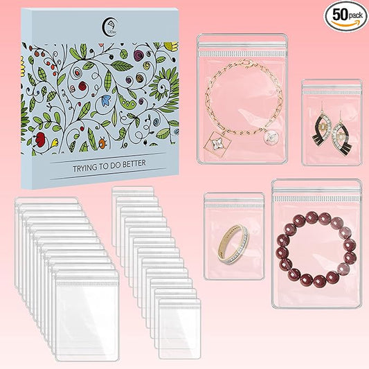 50 Zippered Plastic Jewelry Bags,Small(2.5"x3")and Large(3.5"x5"),Thicker PVC Anti-Tarnish Jewelry Bags Clear Plastic for Gold,Silver,Collectibles,Jewelry Packaging for Business,Travel,Organizing