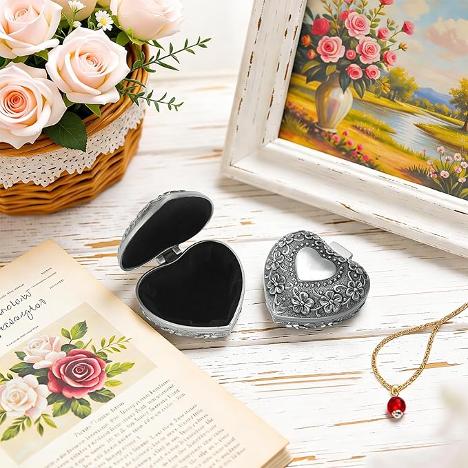 Vintage Metal Jewelry Gift Box, Small Heart Shape Trinket Storage Organizer Case for Ring/Earrings/Necklace/rosary, Keepsake Treasure Holder Box for Bedside Dresser Decorative (Style 1)