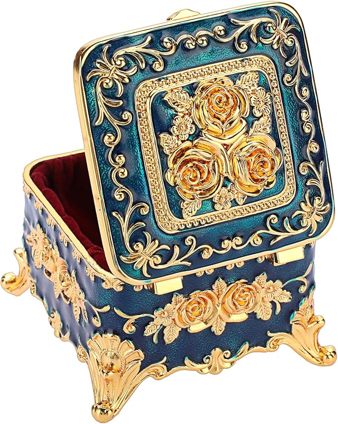 Hipiwe Vintage Metal Jewelry Box - Small Trinket Organizer Ring Box Case with Rose Pattern, Jewelry Storage Box for Ring Earrings Necklace, Keepsake Box for Women, 3"x3"x2.4"