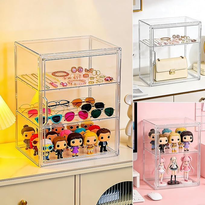 Acrylic Display Case for Collectibles, 3 Tier Clear Storage Bin with 3 Adjustable Layers and 2 Removable Divider, Stackable Clear Storage Box with Magnetic Door for Figures, Home or Office,Large