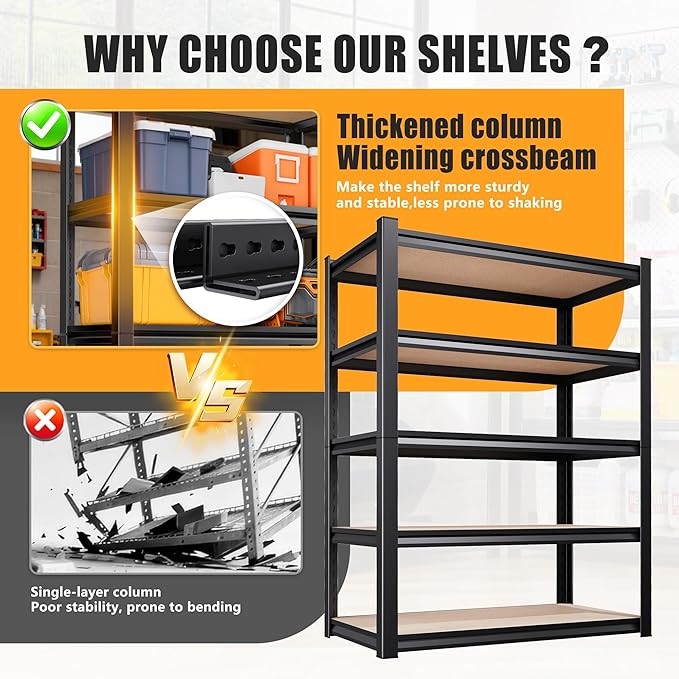 5-Tier Garage Shelving Heavy Duty Storage Shelves, Adjustable Shelving Unit, Utility Garage Organizer Shelf for Basement, Pantry, Kitchen, Warehouse,Supermarket, 31.5" Wx13.8 Dx71.2 H,Black