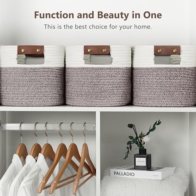ECDYQXVU Cotton Rope Basket, Storage Baskets with Handle, 15x10x9 Inch Woven Basket for Shelves, Laundry, Towels, Clothes, Books (White Brown 3 Pack)