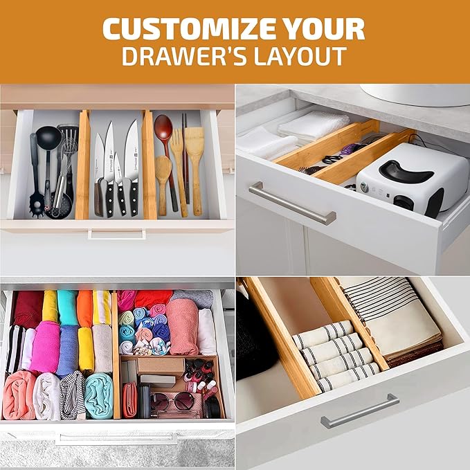 6-Pack Bamboo Drawer Dividers - 2.6 in High, Adjustable 16 to 22 in Expandable Drawer Organizers and Dresser Separators for Clothes, Bedroom, Bathroom, Kitchen, and Office Organization and Storage