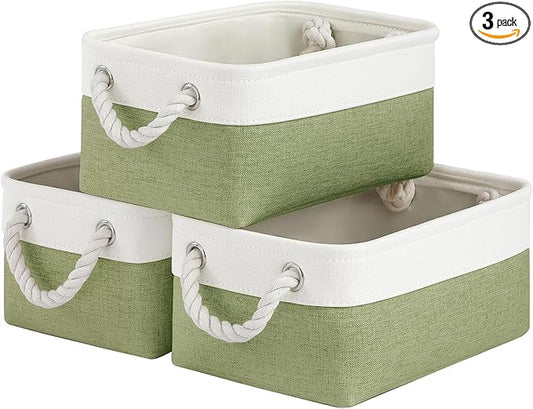 Storage Baskets for Shelves 11.8x7.9x5.2 Inch, Foldable Fabric Storage Bins with Handles, Small Storage Baskets for Organizing Closet, Office, Home Organization (3-Pack, White&Green)
