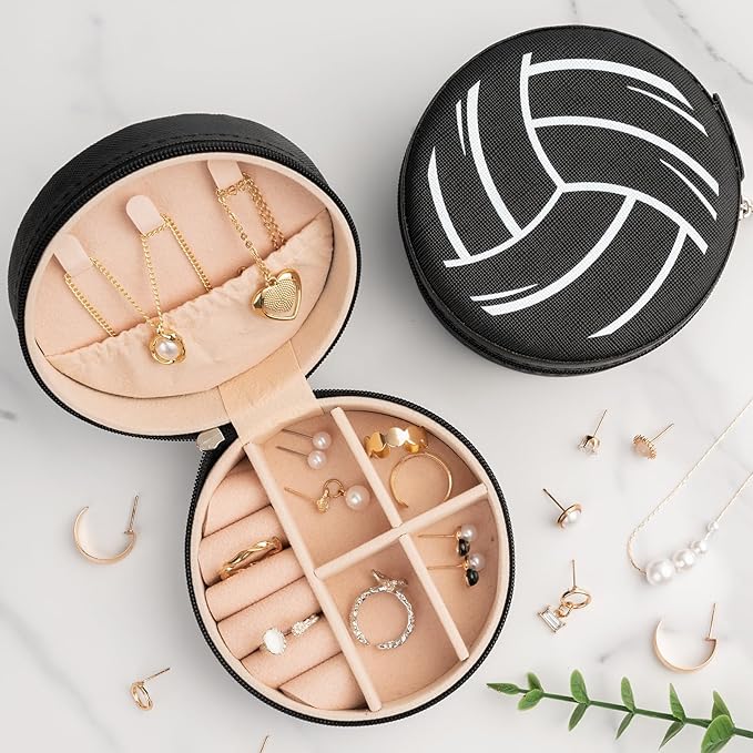 6 Pack Volleyball Mini Travel Jewelry Case Portable Black Round Volleyball Stuff Jewelry Organizer Storage Case for Team Athletes & Sports Enthusiasts Christmas Events & Milestones