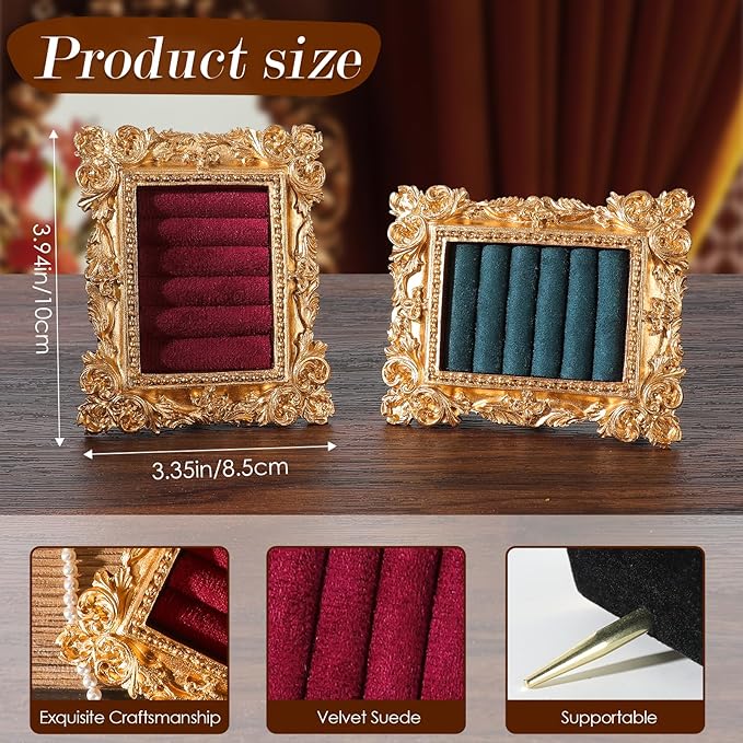 Vintage Ring Holder Rectangle Gold Velvet Display Stand - Baroque Jewelry Organizer Box Tray for Wedding Engagement Anniversary Women Birthday Christmas Gift Photograph Prop (MPF05-Gold Red)