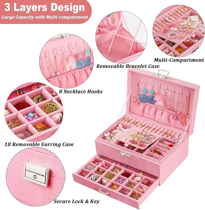 QBestry 3-Layer Jewelry Box for Girls & Teens with Lock and Key, Large Jewelry Organizer with 8 Necklace Hooks & 56 Earring Holes, Pink Velvet Jewelry Storage Box for Necklaces Earrings Rings Bracelet