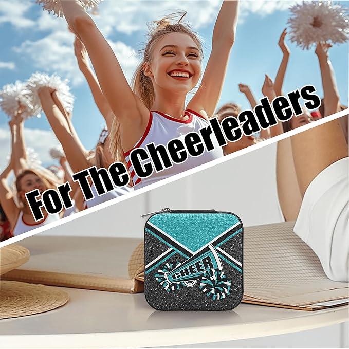 Cheerleader Travel Jewelry Case, Cheer Travel Jewelry Box for Women, Mini Jewelry Travel Case for Cheer Team, Cheerleader Gifts for Girls (Teal)