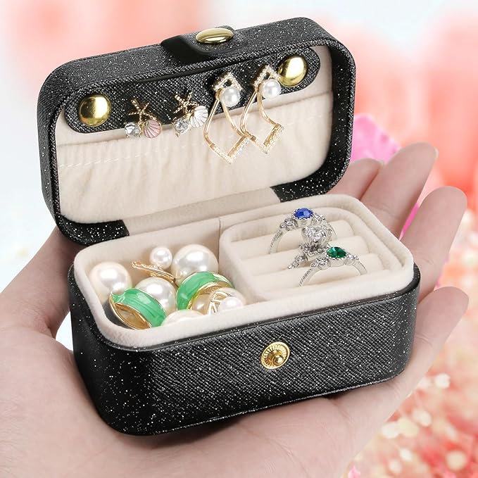 KUKUVR Small Travel Jewelry Box, Mini Jewelry Holder for Multiple Rings Necklace Earrings Lipstick, Portable Jewelry Storage Organizer Case with Removable Ring Slot (BLACK)