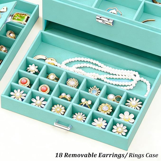 QBestry 3-Layer Jewelry Box for Girls & Teens with Lock and Key, Large Jewelry Organizer with 8 Necklace Hooks & 56 Earring Holes, Teal Velvet Jewelry Storage Box for Necklaces Earrings Rings Bracelet