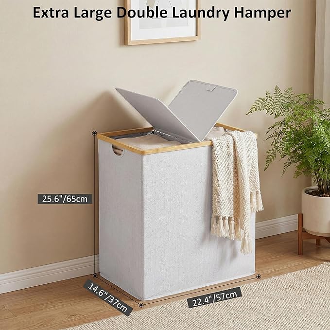 efluky Laundry Hamper with Lid, Double Laundry Hamper with 2 Removable Bags, 2 Section Laundry Basket with Bamboo Handles for Bathroom, Bedroom & Laundry Room, 140L (36.9 Gallon) Light Grey