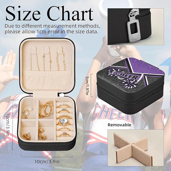Cheerleader Travel Jewelry Case, Cheer Travel Jewelry Box for Women, Mini Jewelry Travel Case for Cheer Team, Cheerleader Gifts for Girls (Purple)