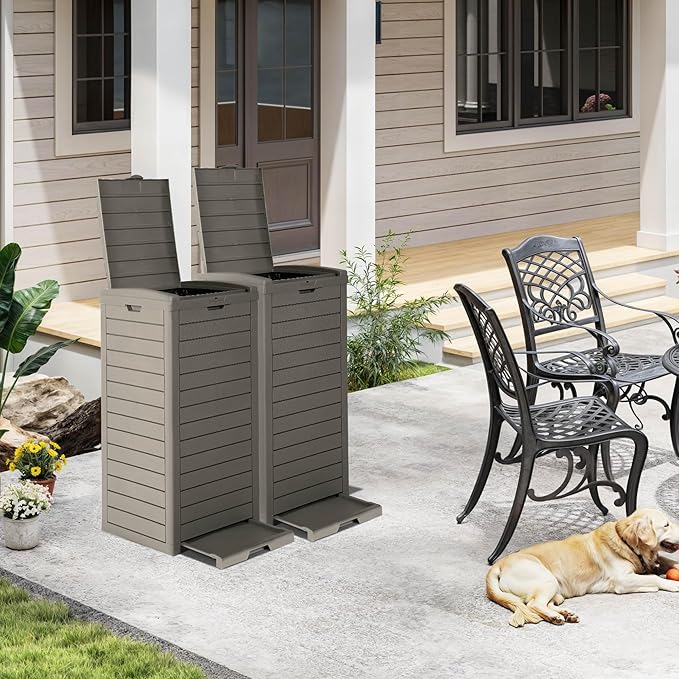 DWVO 38 Gallon Large Outdoor Trash Can, 2-Pack Waterproof Resin Hideaway Garbage Bin with Lid and Drip Tray, Outside Trash Bin for Porch, Backyard, Deck, Patio, Poolside, Easy to Clean, Taupe