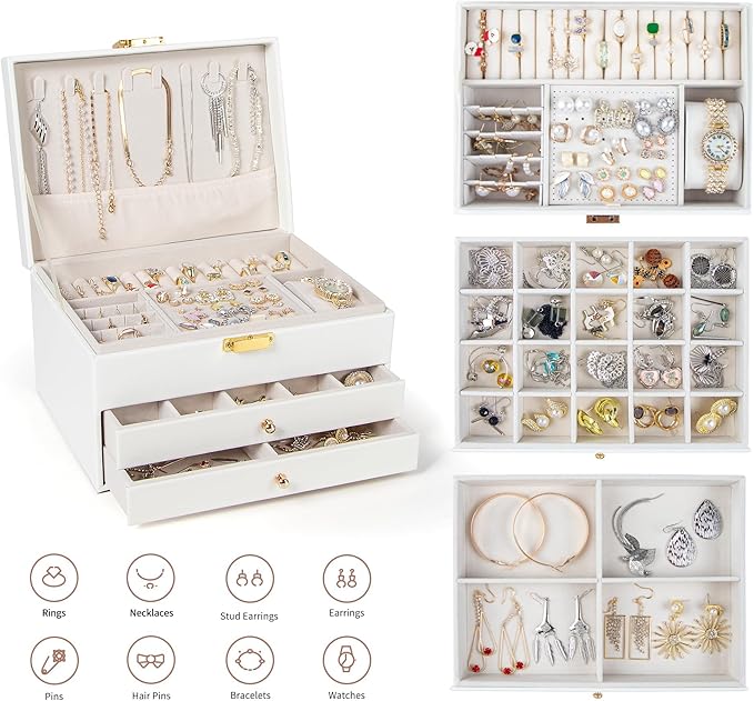 GUOER Jewelry Box for Women Girl Wife 3 Layers Large PU Leather Jewelry Organizer Storage Case with Two drawers Display for Earrings Bracelets Rings Watches Mother's Day (White)
