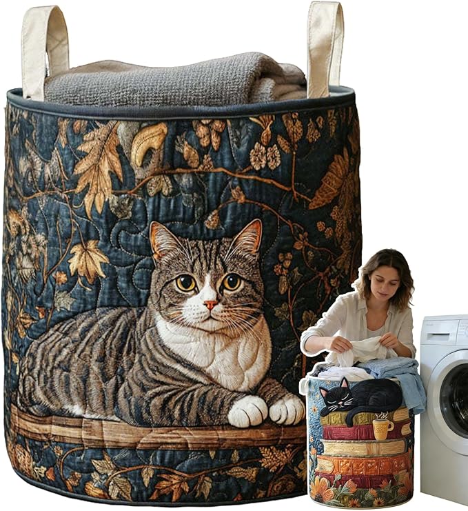 Cat Quilted Laundry Basket - 18"/22"/28", 2026 Large Quilted Cat Laundry Basket with Handles, Cozy Cat Fabric Storage Hamper for Nursery, Bedroom, Laundry Room, Clothes & Toys (6, S 14"X18")
