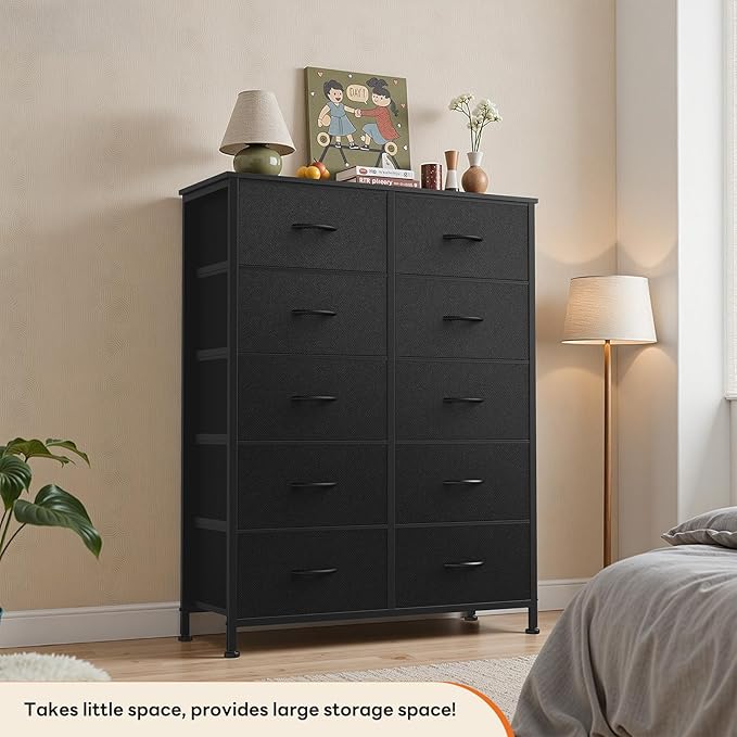 Sweetcrispy Black Dresser for Bedroom, 10 Drawer Tall Dresser, Fabric Storage Tower with Bins, Chest Organizer Unit for Bedroom Closet, Hallway, Steel Frame Wood Top, Easy Pull Handle