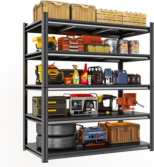 Metal Garage Shelving Unit, Heavy Duty 5-Tier Adjustable Storage Rack, Steel Shelving, 3020 lbs Capacity, Industrial Shelves for Heavy Tools and Equipment, Ideal for Garage, Basement, Black, 77"