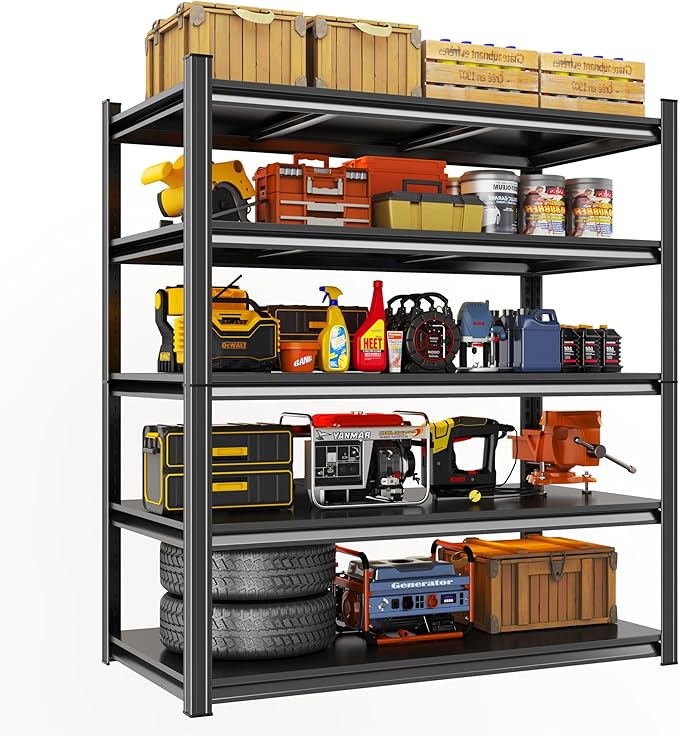 Metal Garage Shelving Unit, Heavy Duty 5-Tier Adjustable Storage Rack, Steel Shelving, 3020 lbs Capacity, Industrial Shelves for Heavy Tools and Equipment, Ideal for Garage, Basement, Black, 63"
