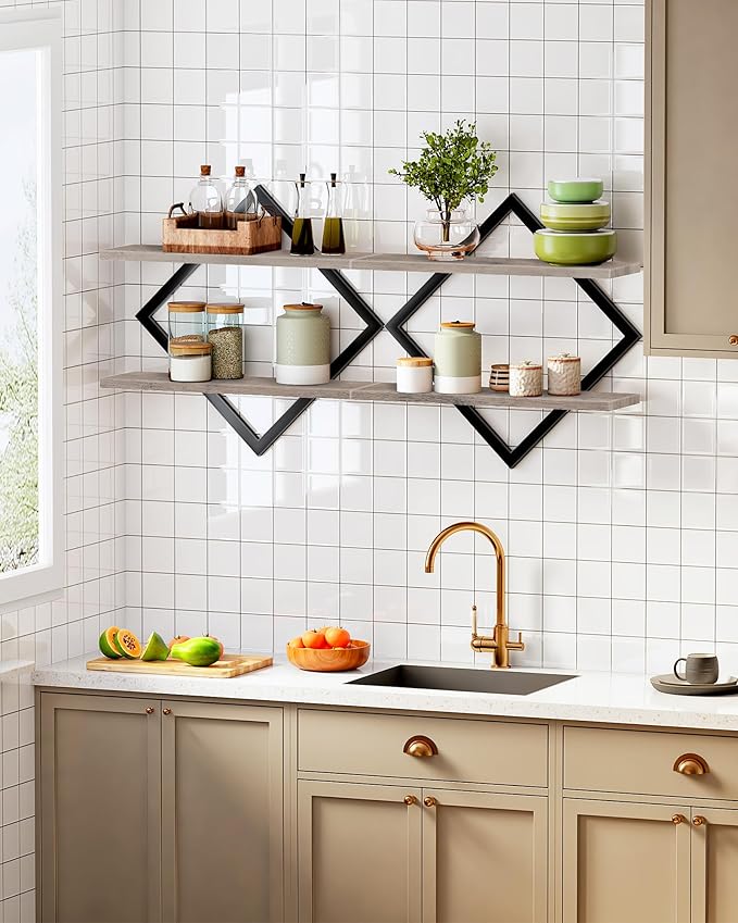 CHOEZON Floating Shelves for Wall, Set of 2 Wall Mounted Shelves, 2-Tier Hanging Shelves, for Living Room, Bedroom, Kitchen, Office, Study, Greige TBJ01P2BG