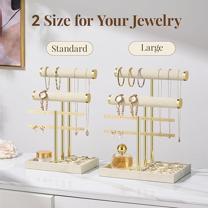bussdis 3 Tier Bracelet Holder Display - Detachable T Bar Beige Velvet Bracelet Holder, Jewelry Holder Organizer for Bracelet, Necklace, Earrings, Rings