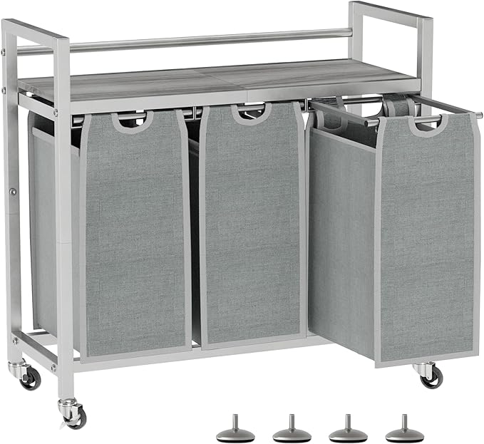 SwaaVee Laundry Hamper, Laundry Basket, Laundry Sorter with 3 Removable Bags, Clothes Basket with 3 Compartments, Wheels, Shelf for Laundry Room Bathroom Bedroom (3 Bags-Gray)