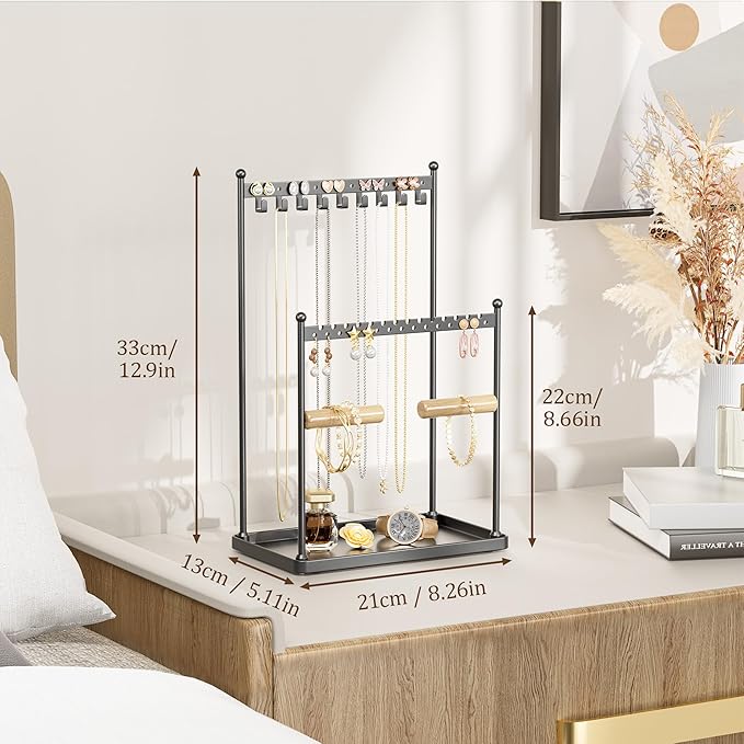 3 Tier Black Jewelry Stand, Necklace Organizer, Earring Holder with 44 Holes and 9 Hooks, for Necklaces, Bracelets, Rings