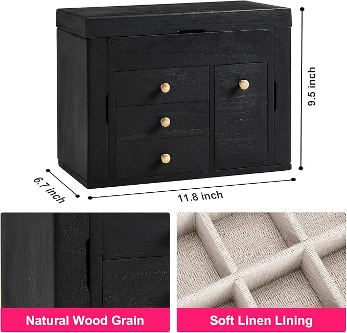 Poyilooo Jewelry Box Organizer, Solid Wood Jewelry Boxes for Women, Double Layer Jewelry Organizer Box Display Earring Necklace Bracelet Ring, Rustic Style Small Jewelry Box for Girls (Black)