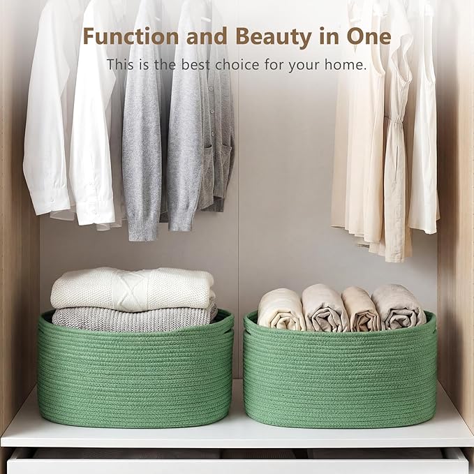 ECDYQXVU Cotton Rope Storage Basket, 15x10x9 Inches, Woven Basket for Shelves, Clothes, Towels, Books, and Laundry, Green (3 Pack)
