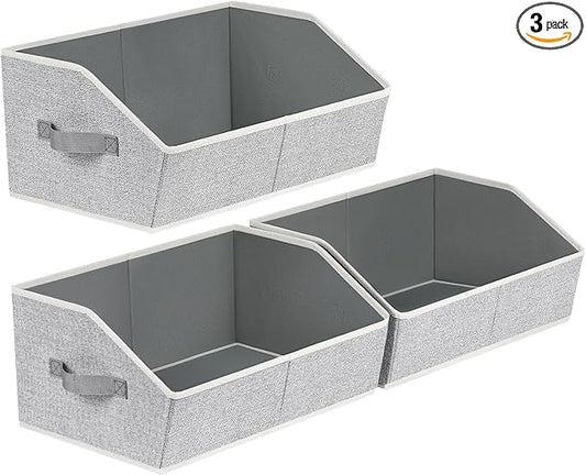 Homsorout Trapezoid Closet Shelf Organizer - Large Baskets for Organizing, Fabric Storage Box for Shelves, Cube Storage Bins for Clothes, Books, Blankets, 3 Pack, Light Gray