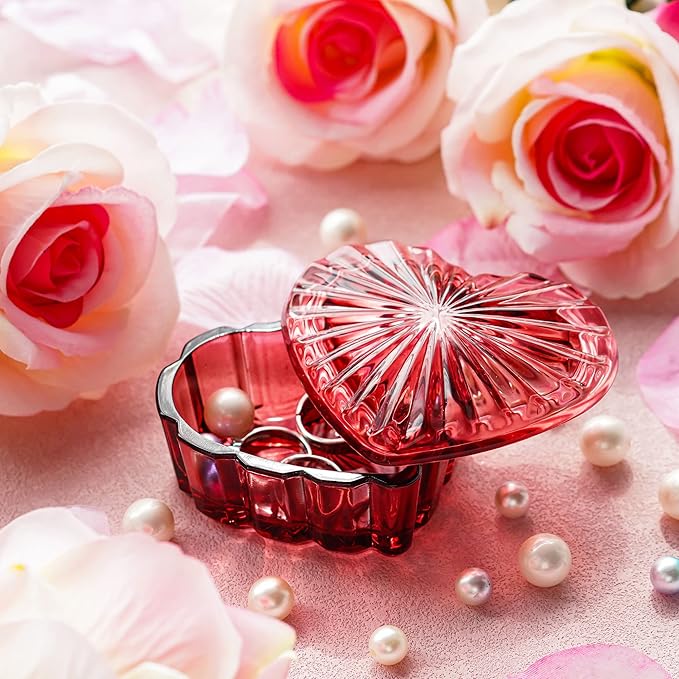kanpura Crystal Glass Heart-Shaped Jewelry Box,Candy Box with Lid,Women's Covered Earrings Necklace Chest Trinket Storage Box, Glass Jar Christmas Gifts for Women and Girls(Burgundy)