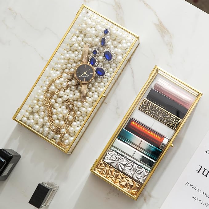 Glass Jewelry Box Set, 2pcs Vintage Rectangle Gold Keepsake Boxes Lipstick Organizer Box Vanity Lidded Box Home Decor Accent Decorative Box for Storage Trinket Rings Bracelet1
