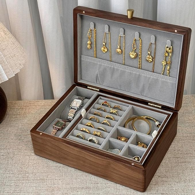 Bescott 2 Layer Solid Black Walnut Wooden Jewelry Box for Women Wood Vintage Organizer for Men Earrings Rings Necklaces Bracelet Watch Storage