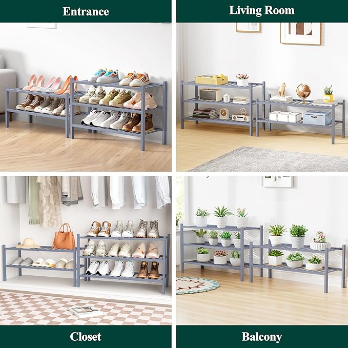 Smiry Bamboo Shoe Rack for Closet, 3 Tier Small Wooden Stackable Shoe Organizer, Free Standing Shoes Storage Shelf for Entryway, Front Door Entrance, Grey