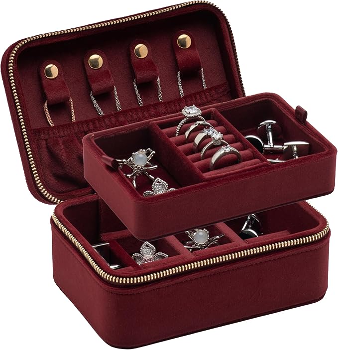 Velvet Travel Jewelry Organizer Box with Zipper Around,Portable Accessory Display Tray Holder Storage Case for Multiple Earrings Rings Necklaces Bracelets (Red)