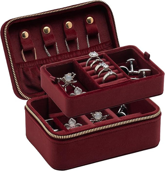 Velvet Travel Jewelry Organizer Box with Zipper Around,Portable Accessory Display Tray Holder Storage Case for Multiple Earrings Rings Necklaces Bracelets (Red)