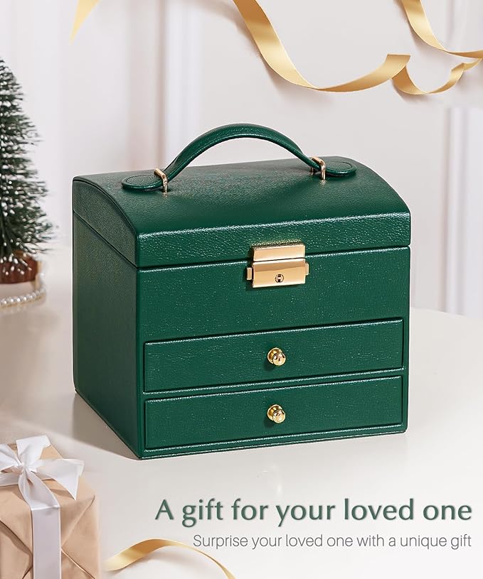 Homde Mothers Day Gifts Small Girls Jewelry Box with Lock: 3 Layer Organizer with Removable Tray - Storage for Ring Necklace Earring - Birthday & Return Gifts for Young Women (Midnight Green)