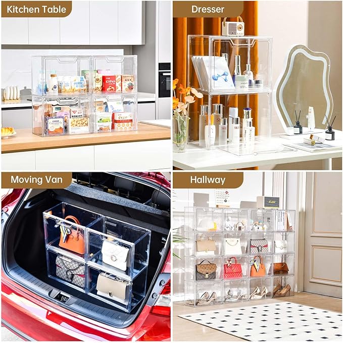 Freebat Stackable Storage Bins, Clear Acrylic Display Case, 9-Pack Acrylic Boxes with Lids, Clear Storage Containers Storage for Handbags, Collectibles & Figures