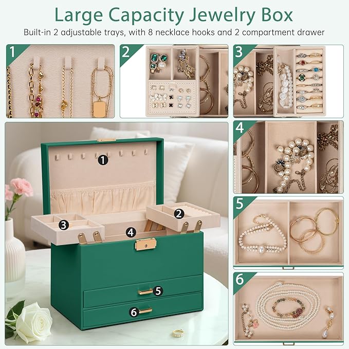 AKOZLIN Travel Jewelry Box Organizer Functional 2-trays Leather Jewelry Storage Case with Lockable Portable 2 Drawers for Women Girls Ring Necklace Earring Bracelet