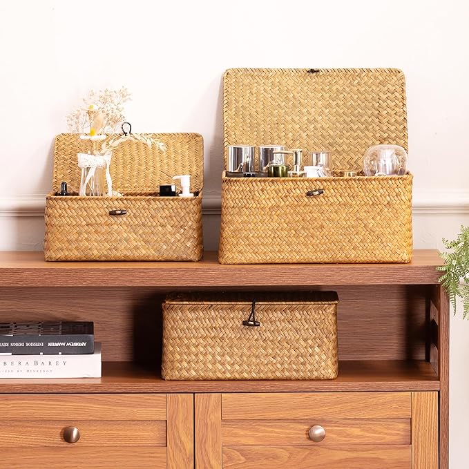 Nonam Storage Basket with Lid, Natural Seagrass Bin with Lid Set of 2, Shelf Baskets Multipurpose Container for Boho Decoration, Rectangular Household Storage Boxes for Home Organization-Natural