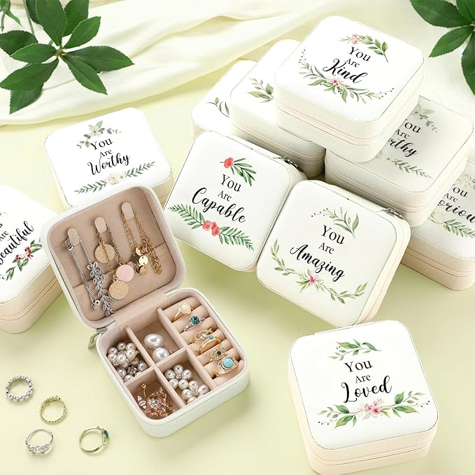 Kacctyen 12 Pieces Mini Travel Jewelry Case Bulk You Are Amazing Loved Mother's Day Church Gifts Green Leaf Gifts for Secretary Mothers Party Girls Leather Travel Jewelry Case