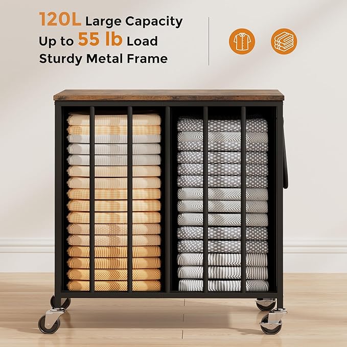 120L Laundry Hamper with Wheels and Lid, Rolling Laundry Basket with Dual Removable Liners, Soft-Close Flip-Top Wooden Lid, Metal Handles, Clothes Organizer for Bedroom and Laundry Room