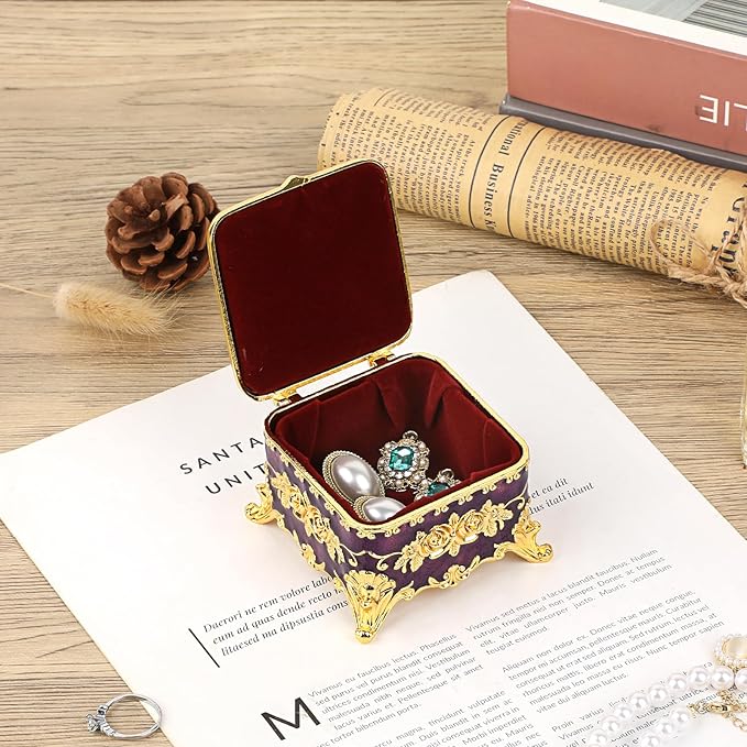 Hipiwe Vintage Jewelry Box Small Trinket Storage Organizer Box Gold Metal Chest Ring Case Treasure Chest Square Keepsake Boxes for Earrings Necklace Gift for Women,Purple
